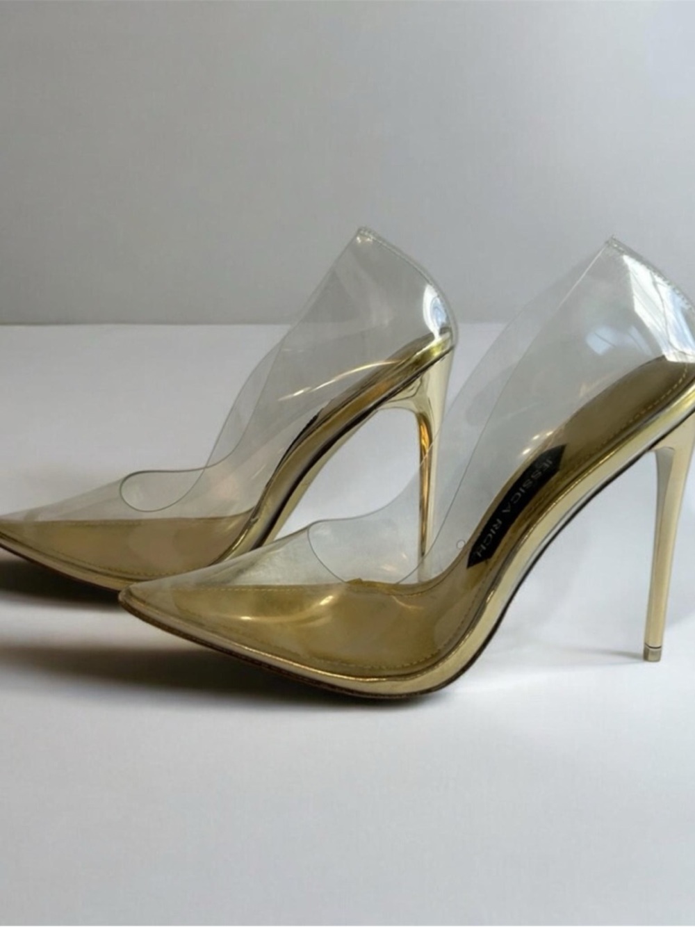 Clear and Gold Stiletto Pumps - Women's Evening Heels by Jessica Rich.